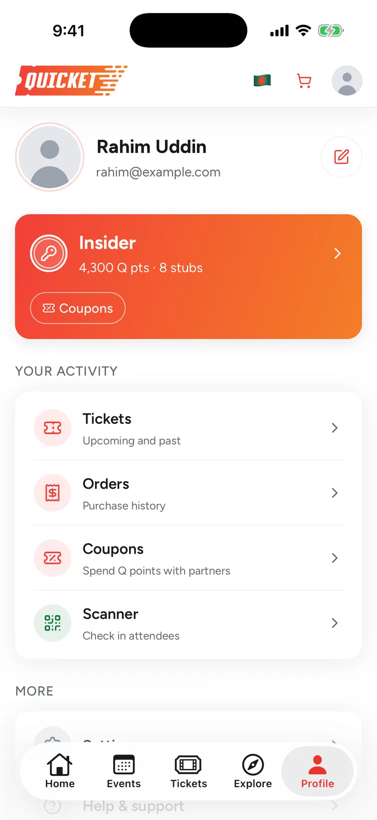 The Profile tab in the Quicket app. Under Your activity are Tickets, Orders (Purchase history), Coupons and Scanner; Profile is selected in the bottom bar. Tap Orders.