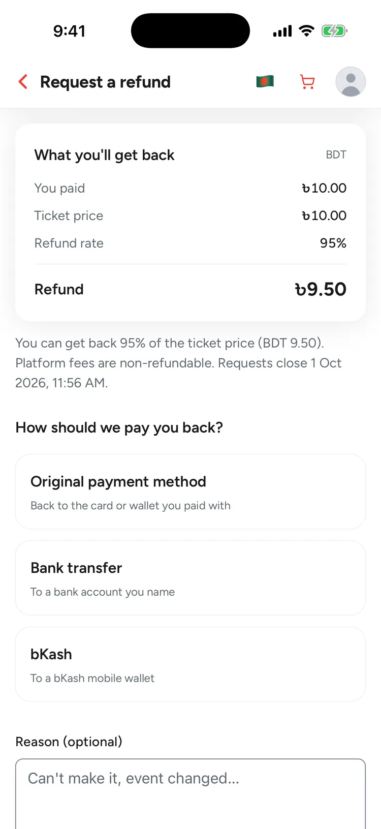 The Request a refund screen. What you'll get back lists You paid ৳10.00, Ticket price ৳10.00, Refund rate 95% and Refund ৳9.50, with a note that platform fees are non-refundable and when requests close.