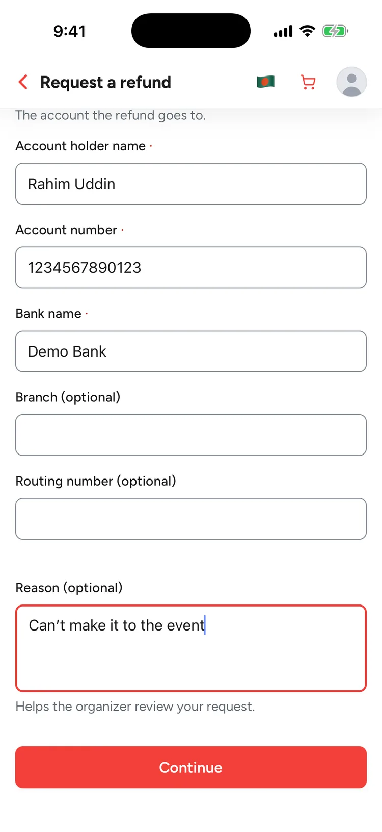 The Bank account form filled in with the account holder name, account number and bank name, empty optional Branch and Routing number fields, a reason, and the Continue button.