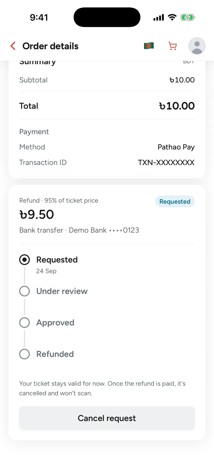 The order's refund card with a Requested badge: ৳9.50 at 95% of ticket price by bank transfer, a timeline from Requested through Under review and Approved to Refunded, a note that your ticket stays valid for now, and a Cancel request button.