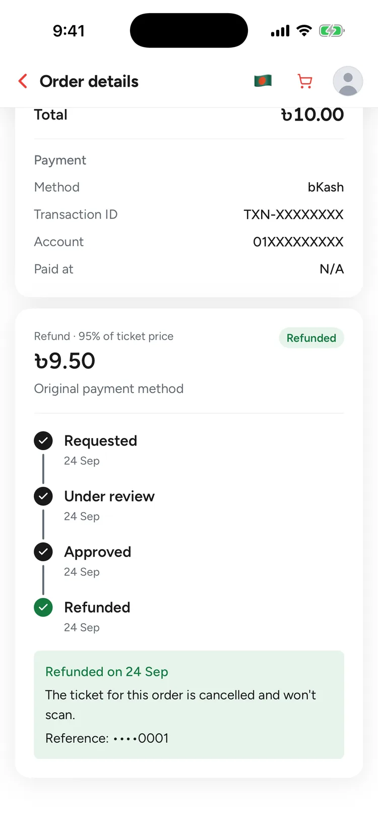 The order's refund card with a Refunded badge: ৳9.50 to the original payment method, all four timeline steps done on 24 Sep, and a green note saying the ticket is cancelled and won't scan, with the payout reference.