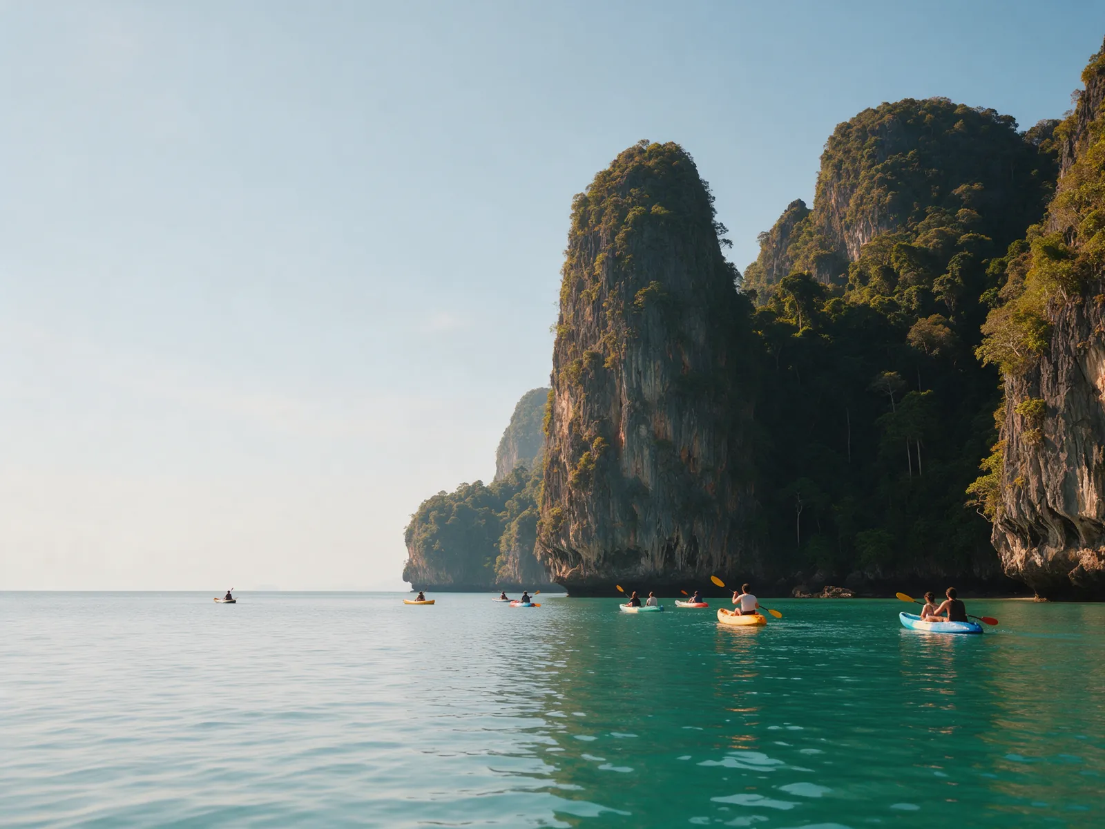Kayakers among limestone cliffs in a turquoise bay
