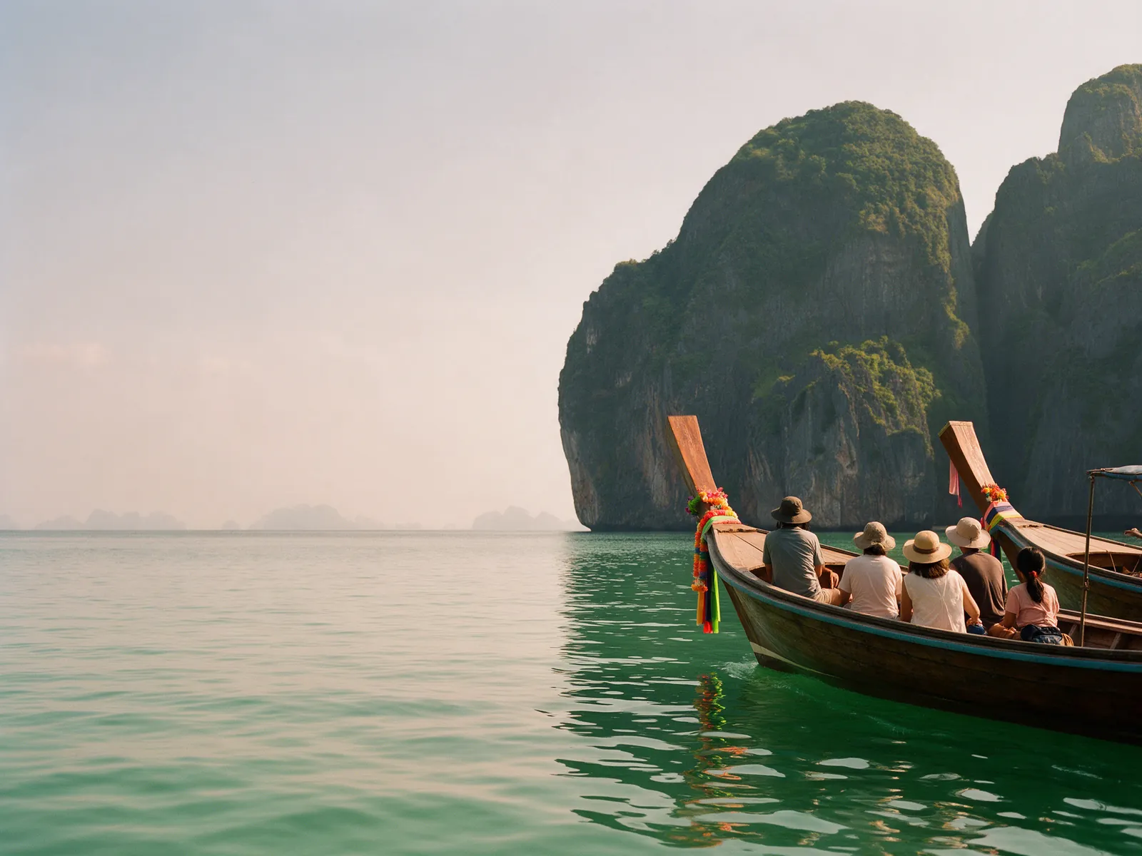 Travellers in longtail boats heading towards limestone islands