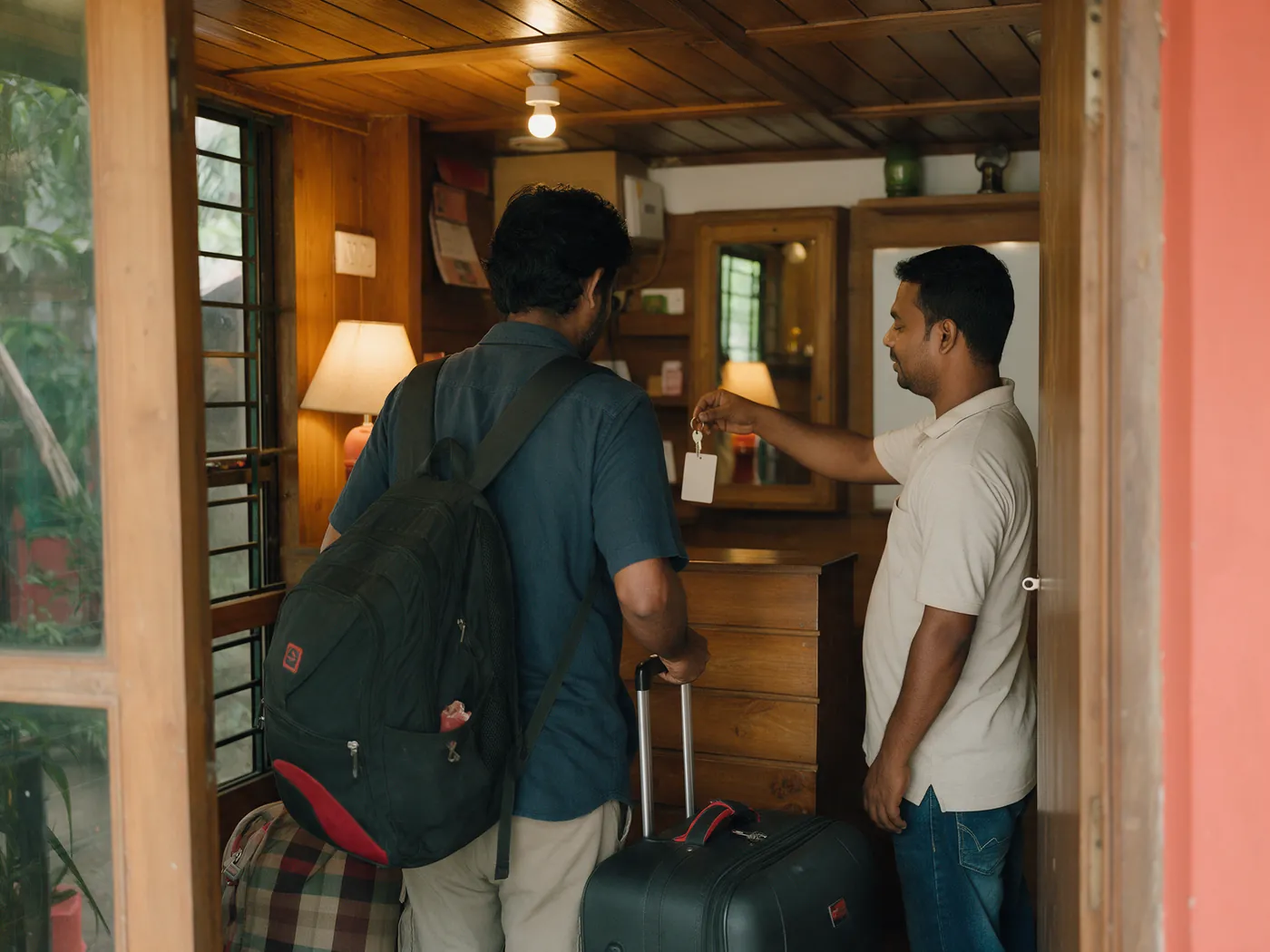 ছোট রিসেপশন ডেস্কে ব্যাকপ্যাক কাঁধে অতিথিরা চেক-ইন করছেন