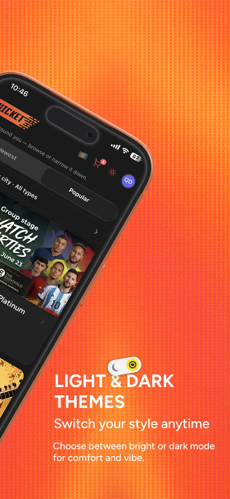Quicket app in light and dark themes