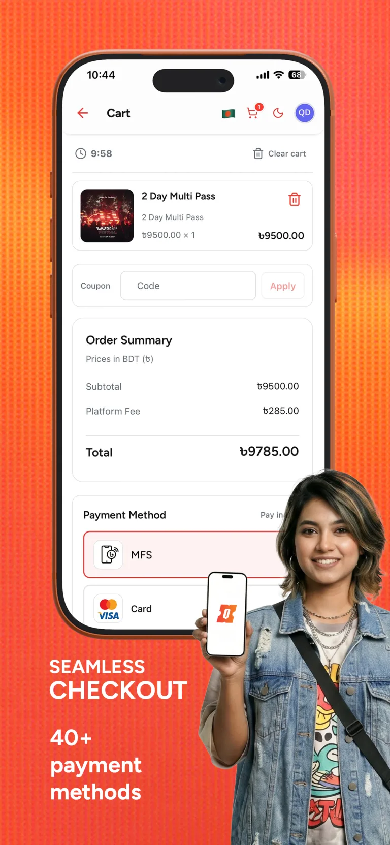 Quicket checkout with bKash, card, and 40+ payment methods